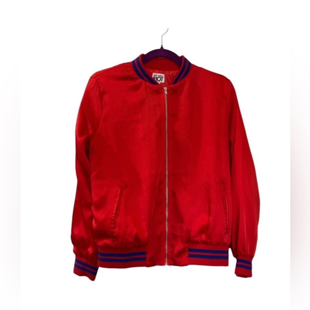 Red sub urban riot satin bomber jacket